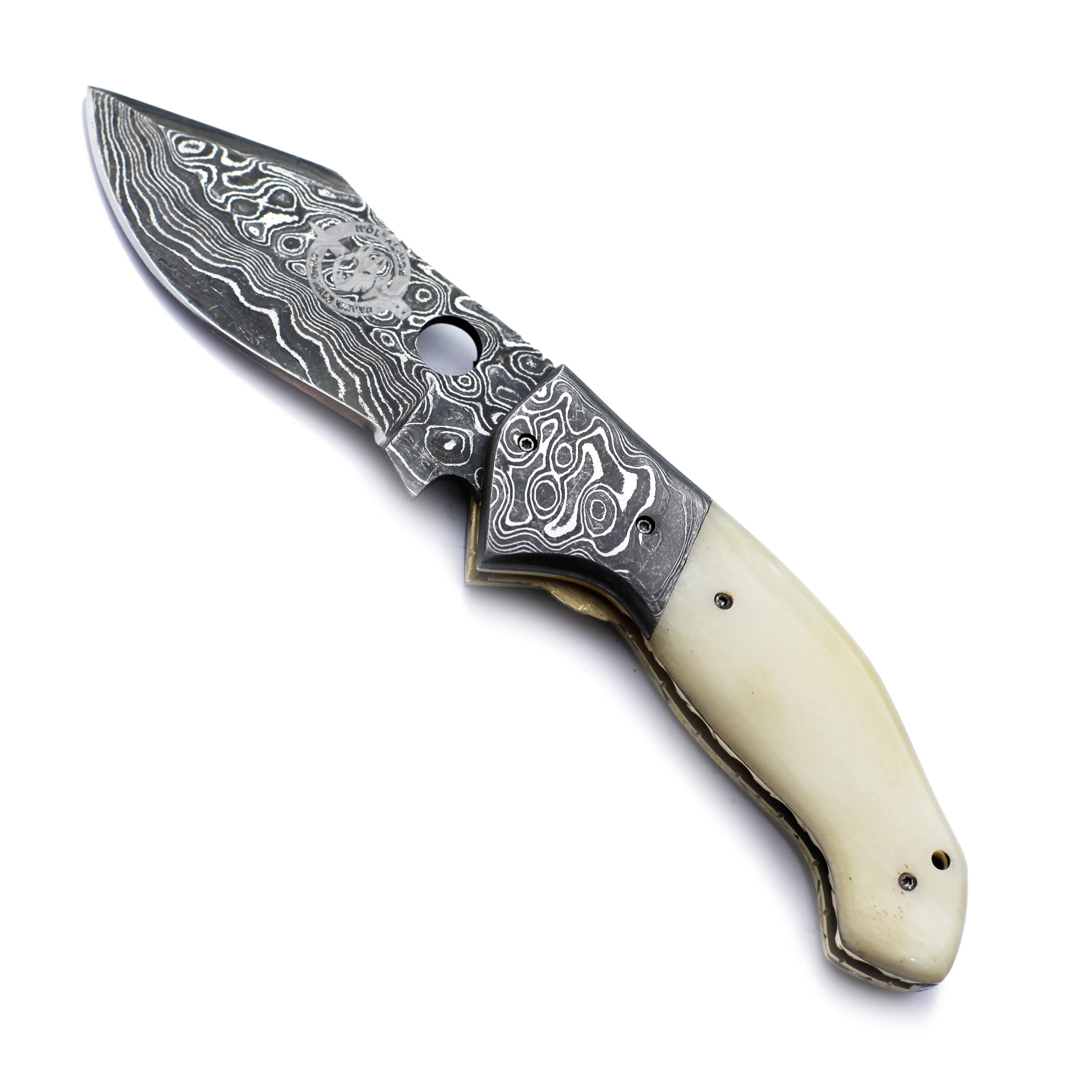 WolfKlinge WÖLFKLINGE Damascus Handmade Folding Pocket Knife – The Ultimate EDC for Hunting, Survival, Camping, and Fishing with Bone Handle and Premium Cowhide Leather Sheath.