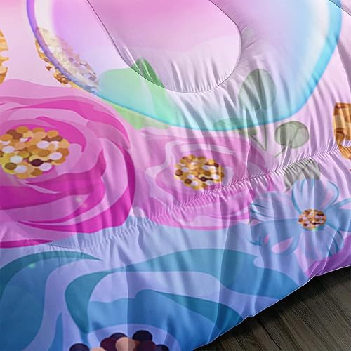 Miniatura 4 de Juego de edredón de unicornio para niños, tamaño individual, matrimonialqueen, 3 piezas, diseño de mariposa, arco iris, flor, estrella, juego de