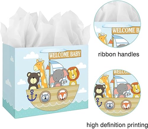 Miniatura 4 de Bolsa de regalo grande de 13 pulgadas con tarjeta y papel de seda para baby shower, cumpleaños de niños (animal)