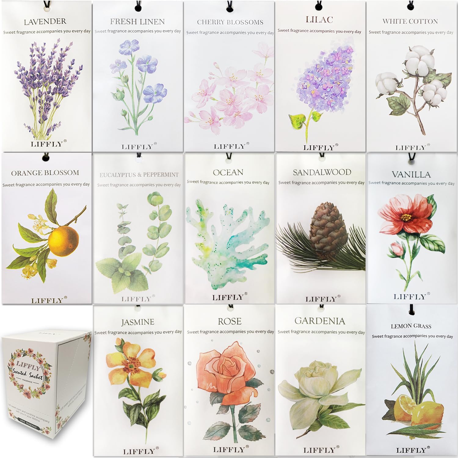 14 Packs Scented Sachets Bags fit Drawers and Closets 14 Scent Gift Box