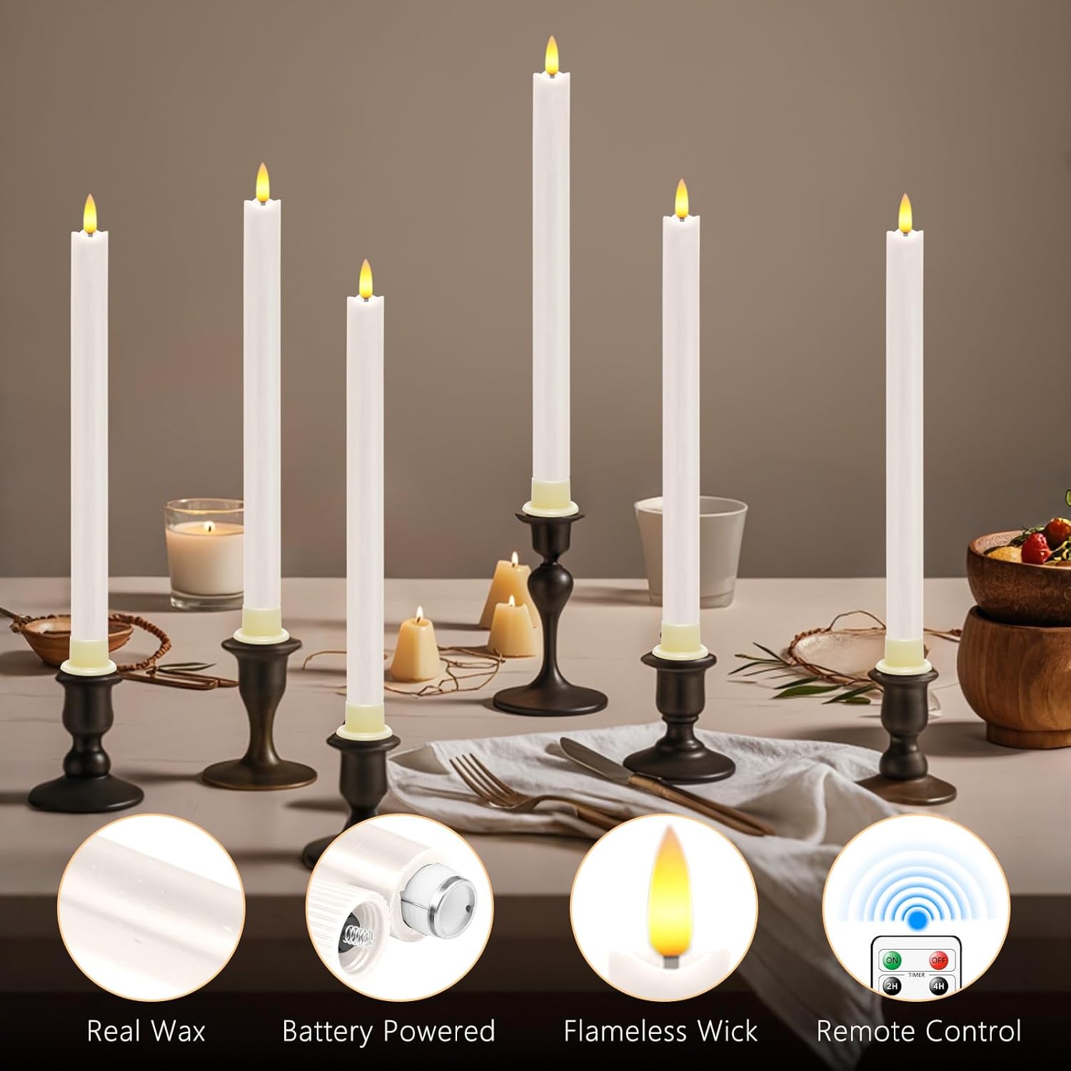 LED Flameless Taper Candles with Two Remote Timer Battery Operate, Pack of 6, 3D Flickering Warm Real Wax Candles, Wedding Dinner Holiday Decor Candles, (D 0.86" * H 9.6", Lvory)