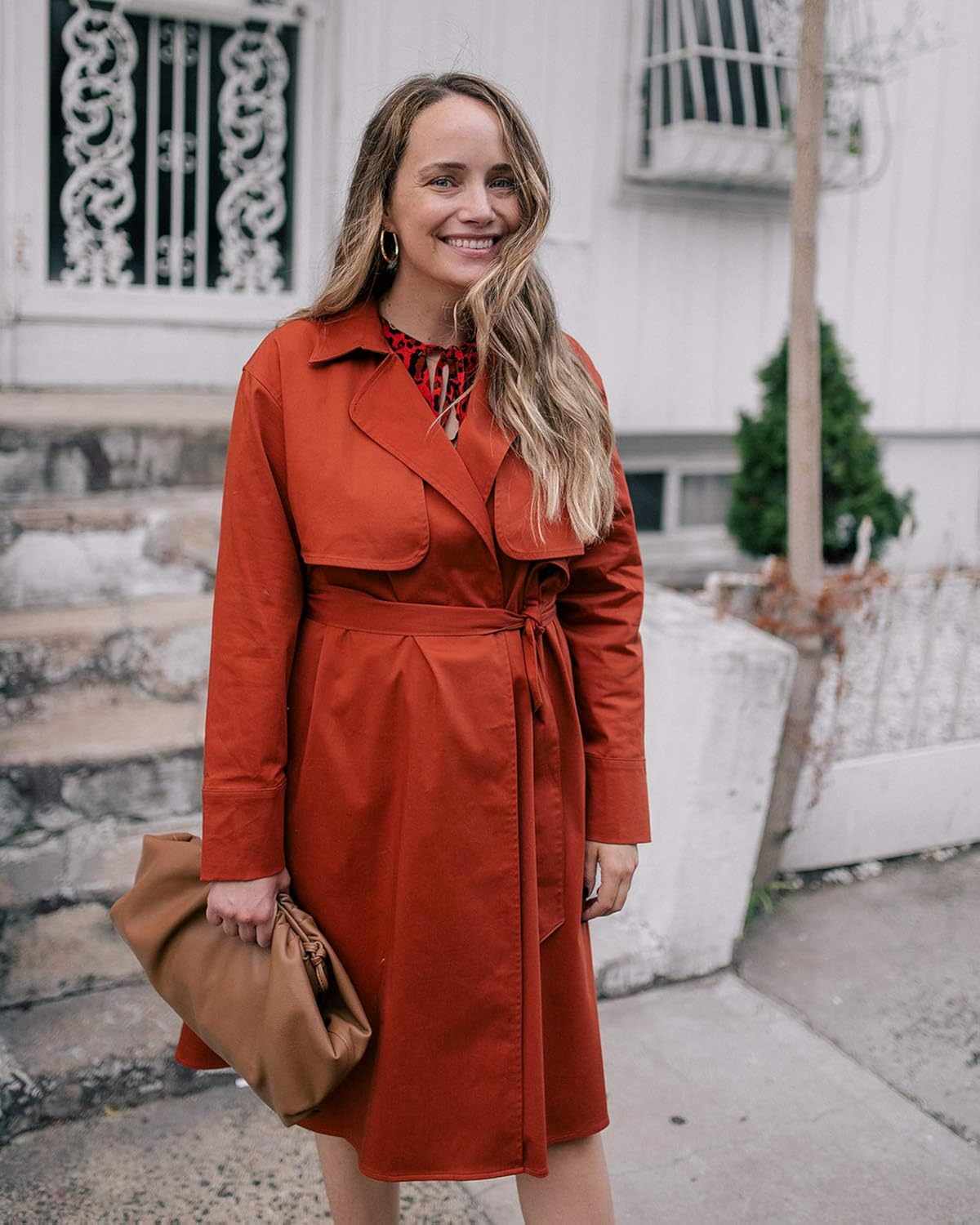 rust colored trench coat
