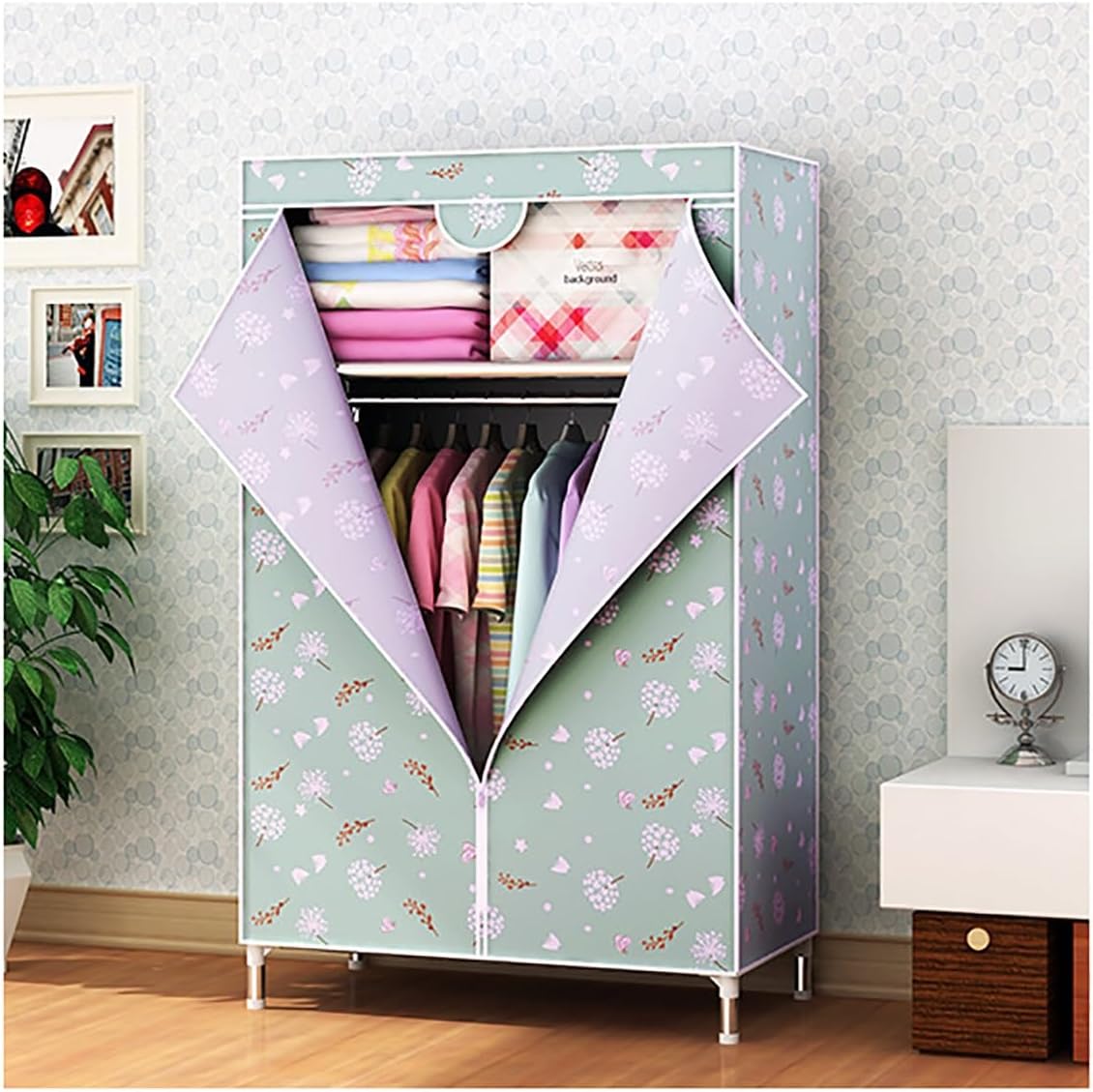 Portable Wardrobe Closet with Hanging Rod and Storage Shelf for Hanging Clothes Metal Garment Rack for Bedroom Easy to Assemble (Color : A, Size : 88x45x160cm)