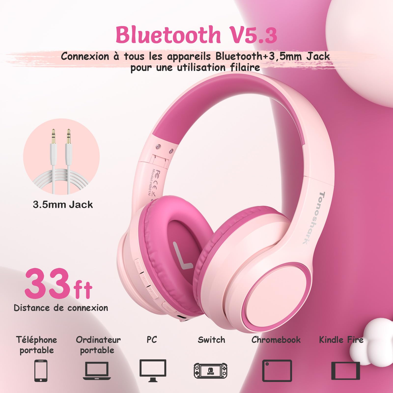 TONOSHARK Casque Bluetooth sans Fil Enfant, Casque Anti-Bruit Enfant Audio, 60h Autonomie, Micro Intégré, Over-Ear Bluetooth Headphones, pour école/Maison/Voyage – étui Inclus (Rose)