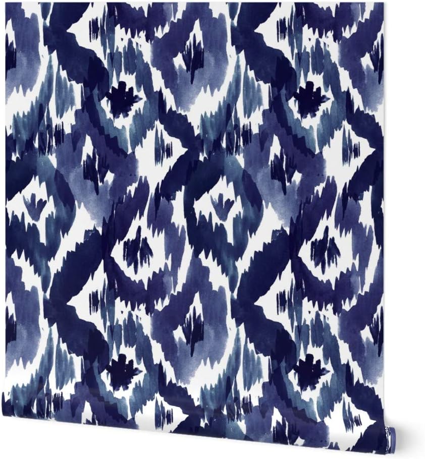 Peel & Stick Wallpaper 3ft x 2ft - Ikat Diamonds Indigo Blue Geo Watercolor Tribal Custom Removable Wallpaper by Spoonflower