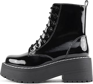 FLING Women Chunky Lug Sole Lace up Fashion Combat Ankle Boot w/Side Zipper