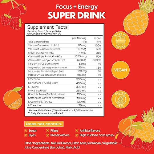 Miniatura 2 de Forgge Polvo de Mezcla para Bebida Energética Saludable - Cafeína Limpia + Vitaminas B12, B6, C y D - Polvo de Bebida Energética sin Azúcar