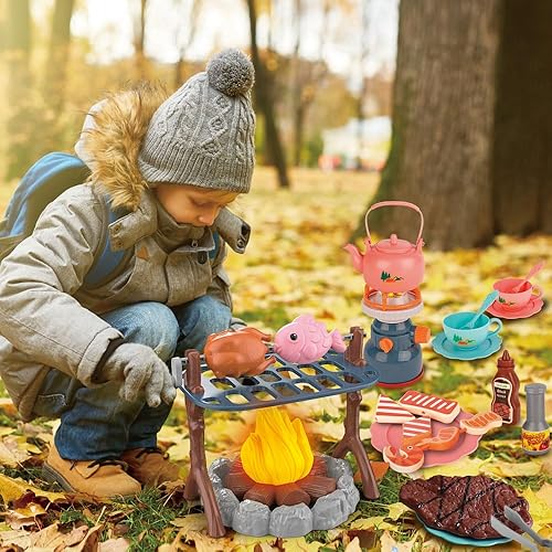 Miniatura 3 de Juego de juguetes de fogata con 45 piezas de accesorios realistas para barbacoa, alimentos falsos para parrilla, teteras, etc. Simula luces y
