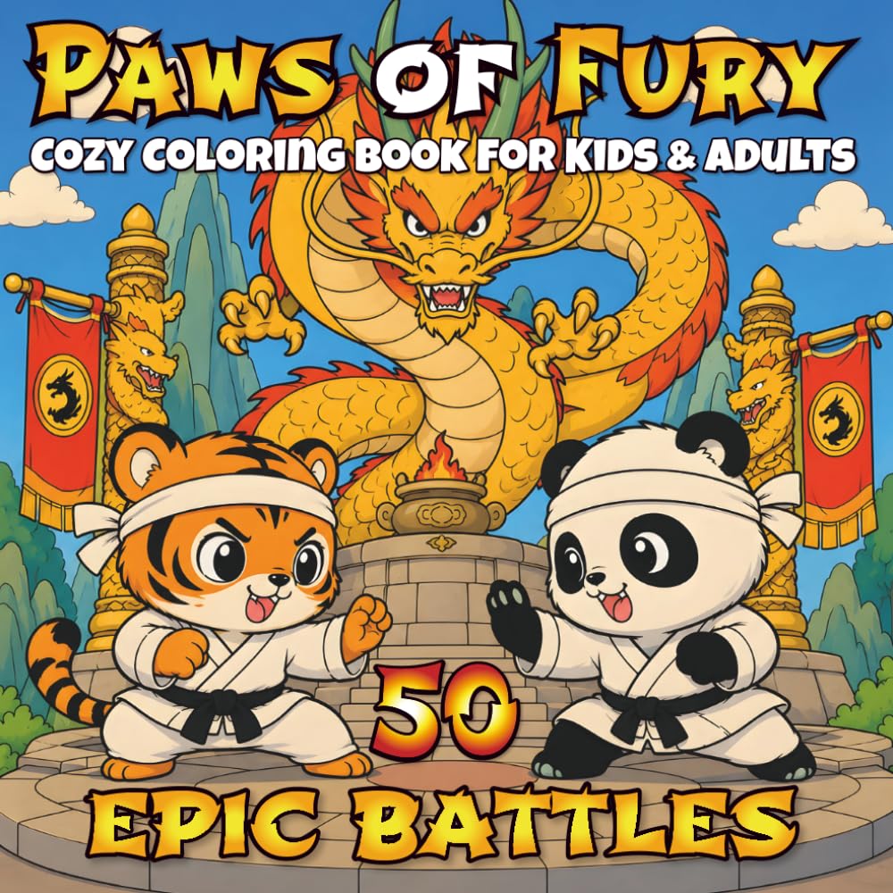Paws of Fury: Cozy Coloring Book for Kids and Adults: Bold & Easy Coloring Book of Cute Kung Fu Animals, Epic Showdowns, and Kawaii Martial Arts Fun