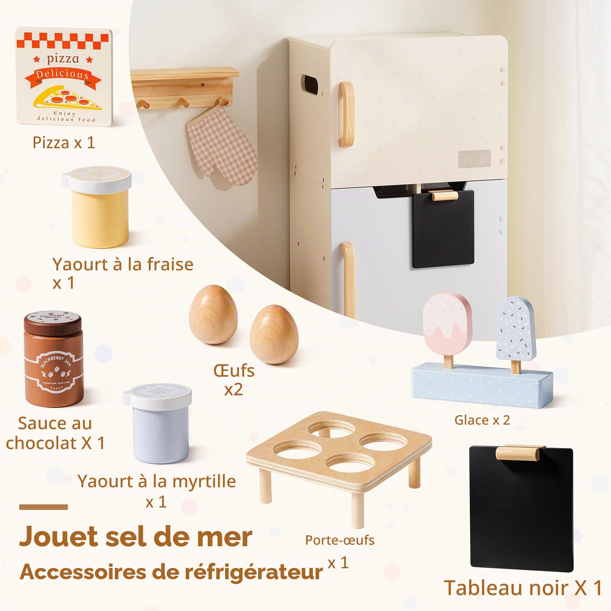 ROBUD Ensemble de Jeu réfrigérateur en Bois pour Enfants, avec Tableau Noir, Compartiment congélateur et Accessoires, réfrigérateur de Jeu pour la Cuisine, pour Les garçons Les Filles 3+