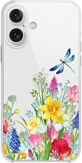 for iPhone 16 Case, Cute Flower Pattern with Dragonfly Style Floral Design Transparent Soft TPU Protective Clear Case (6.1 inch) (Dragonfly Flowers)