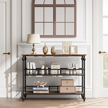 3-Tier Narrow Console Tables for Entryway with Storage Shelf, Wooden Narrow Sofa Table Behind Couch with Roman Column Legs for Living Room Bedroom Hallway Foyer Front Door Vintage Color