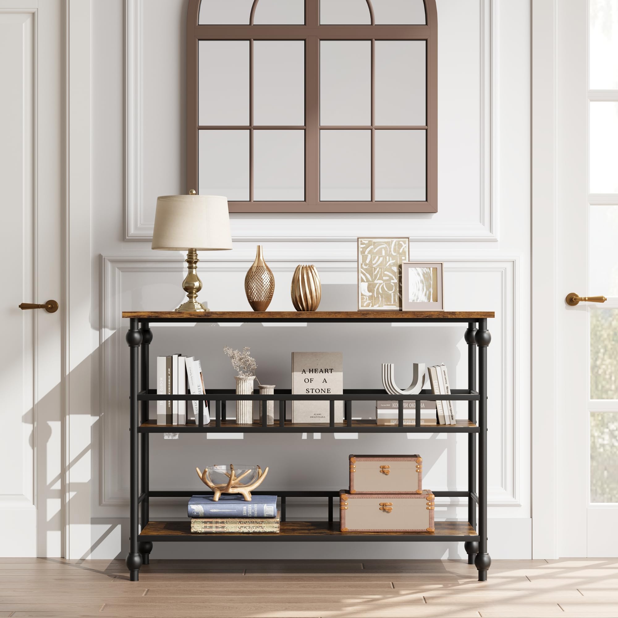 Mesa consola estrecha 43" - 3 niveles con estantes - Mesa auxiliar para entrada, detrás del sofá o pasillo - Estilo rústico con almacenamiento - Ideal para salón, dormitorio y recibidor - clásico