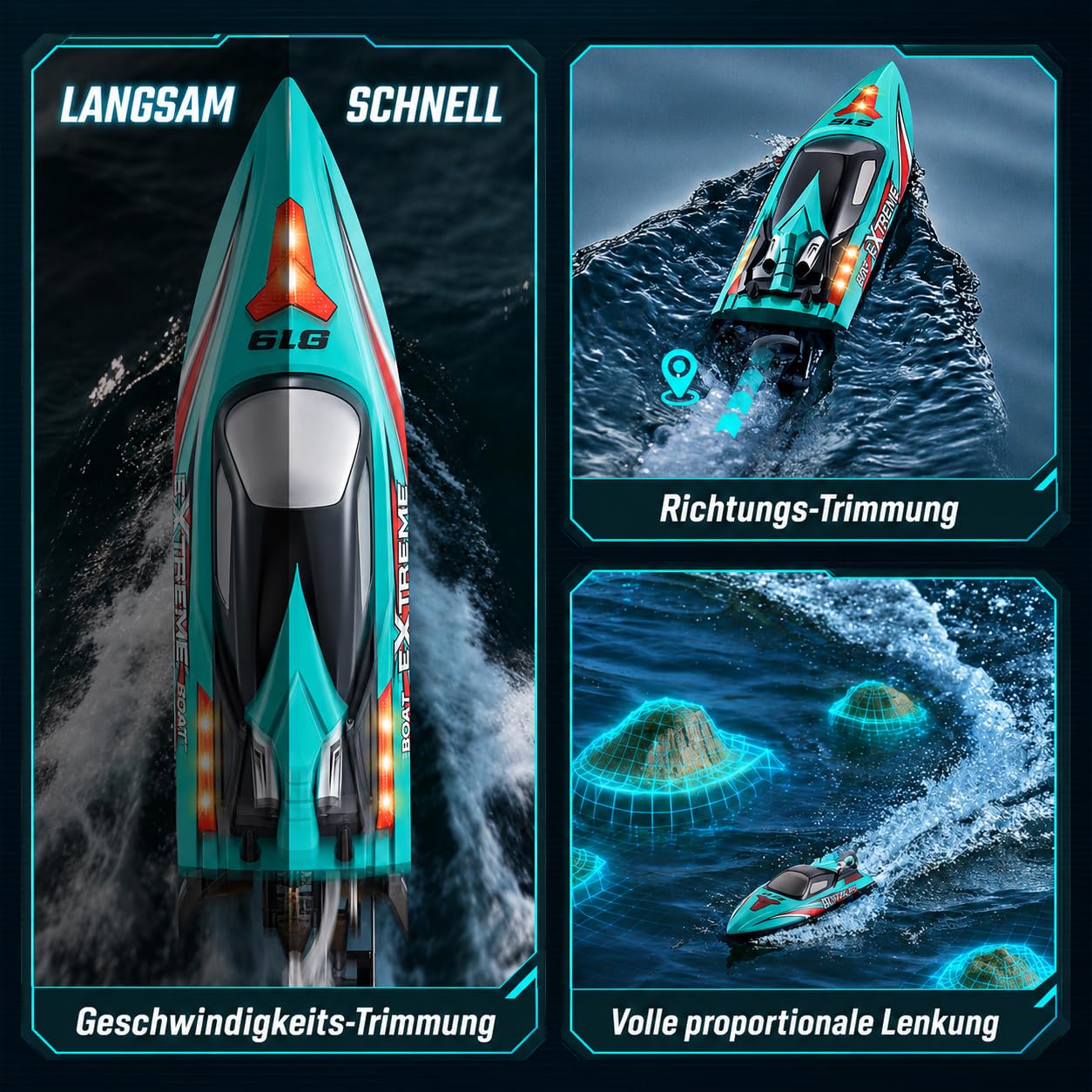 Ferngesteuertes Boot 55 km/h, RC Boot mit Bürstenlosem Motor & LED, Doppelt wasserdicht, Selbstaufrichtung & Reichweitenalarm, Motorboot für Erwachsene, für Pools und Seen