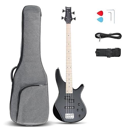 GLARRY Bass Guitar Full Size 4 String Exquisite Stylish Bass with Guitar Bag Power Line and Wrench Tool (Black, IB-Style)