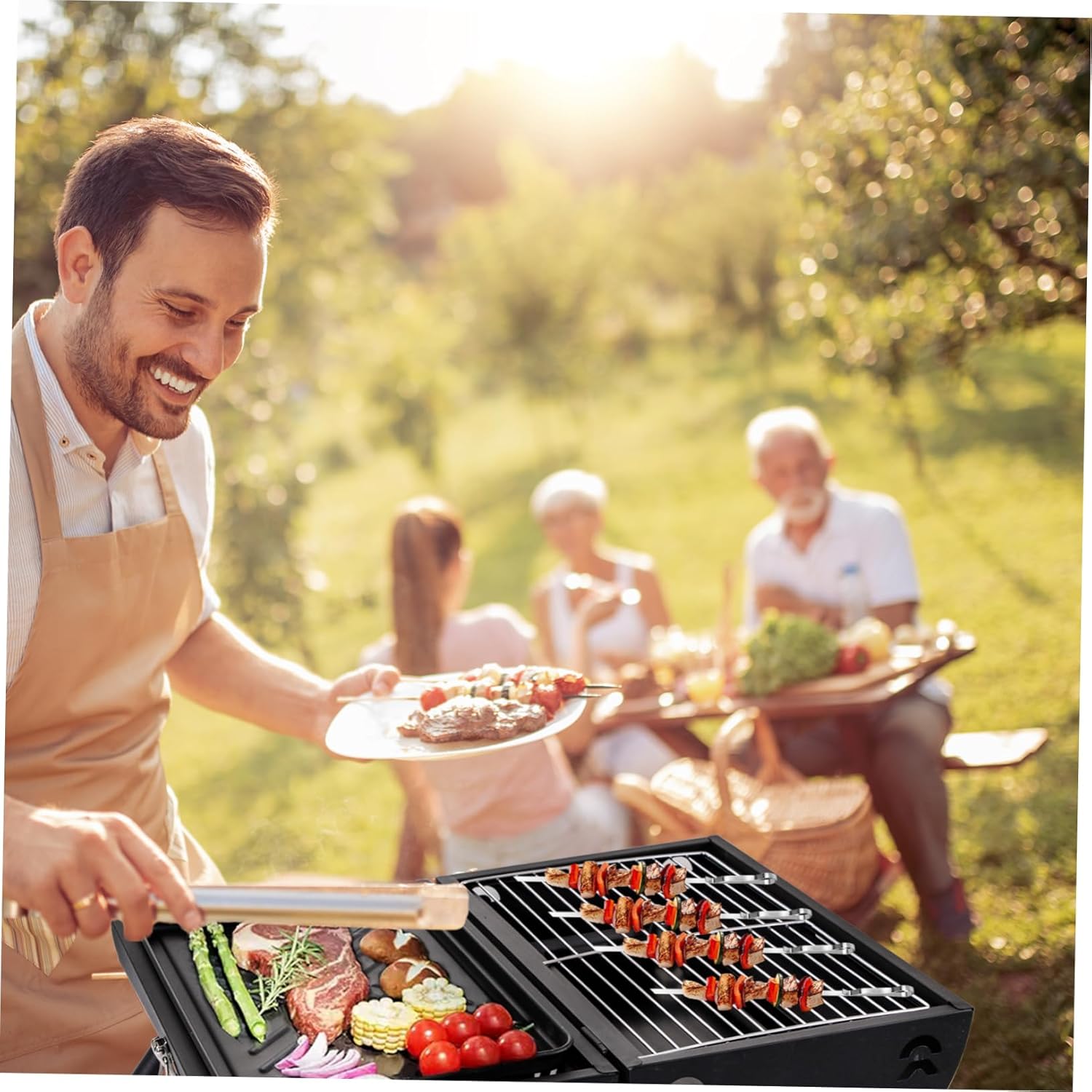 HANABASS 1set Portable Bbq Skewers Kit Reusable Stainless Steel Kebab Sticks for Outdoor Grilling Easy Threading Design Includes Skewers and Base for Meat Vegetables