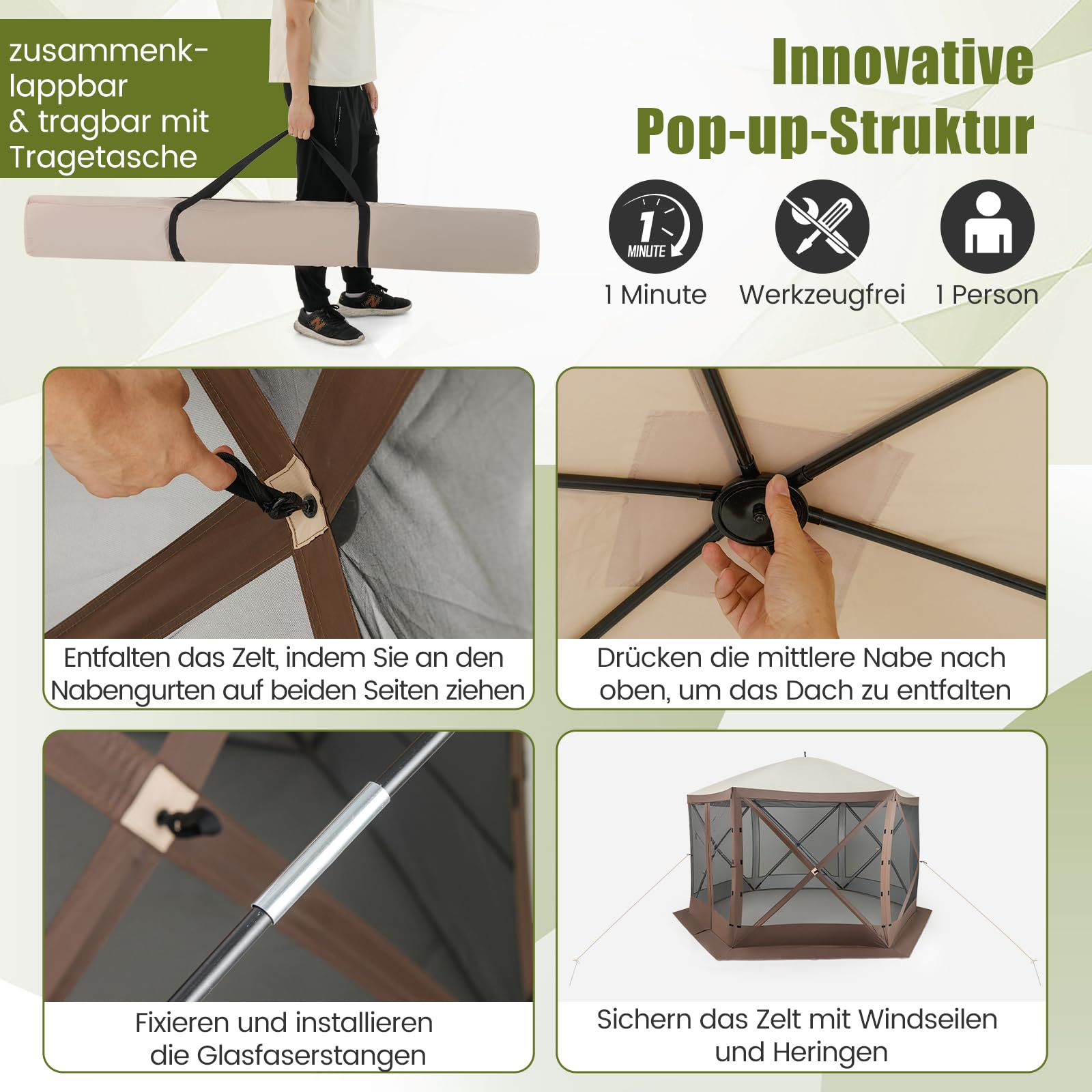COSTWAY Pawilon składany typu pop-up, 3,5 x 3,5 m, z torbą do przenoszenia i moskitierą, części boczne, namiot imprezowy, składany, pawilon ogrodowy na kemping w ogrodzie