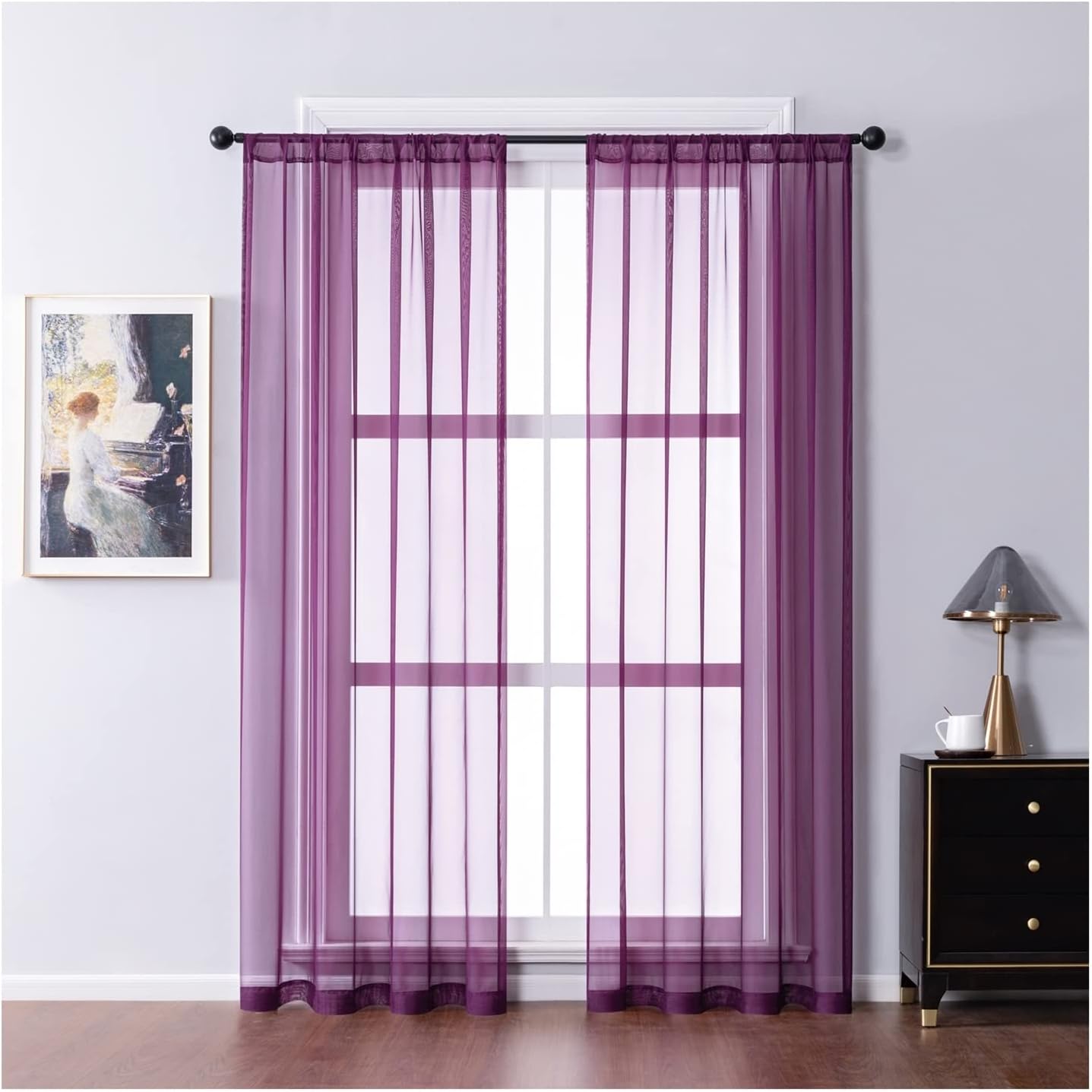 Daesar 2 Panels Semi Transparent Curtains for Living Room, Sheer Voile Bedroom Curtain Without Drilling Polyester Purple Solid Color Window Treatment Curtains 40" W x 72" L