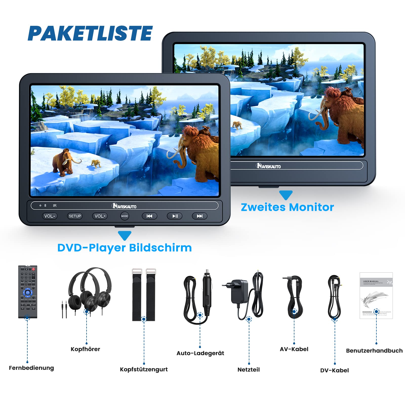NAVISKAUTO 10,5'' DVD Player Auto 2 Bildschrime Mit 2 Kopfhörer 5 Stunden Akku, Auto DVD Player 2 Monitore Kopfstütze Fernseher Kinder TV Last Memory USB AV In/Out 12V