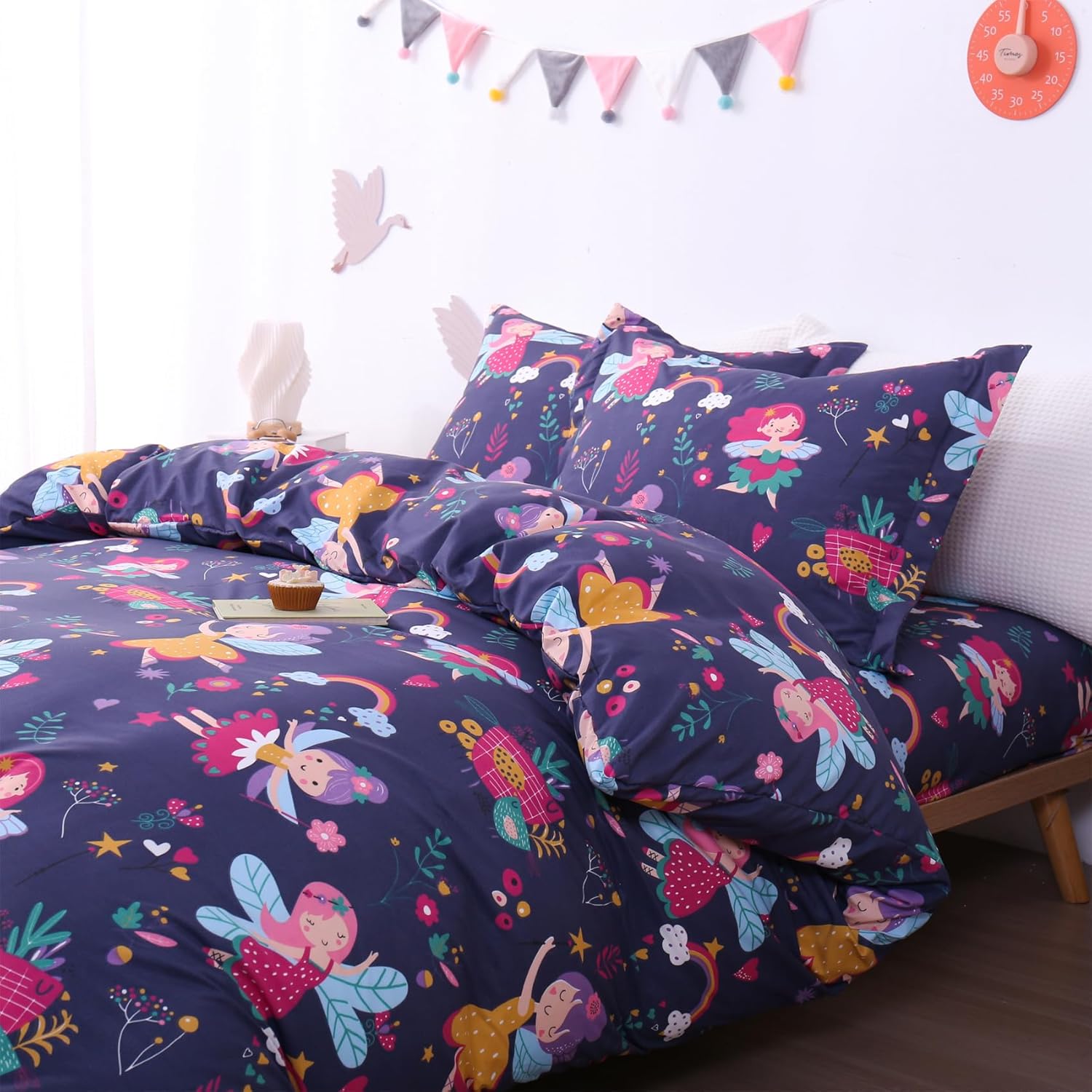 JSD Fairy Floral Kids Duvet Cover Set Queen Size, 3 Piece Girls Printed Microfiber Comforter Cover with Pillow Shams Zipper Closure, Comforter Not Included