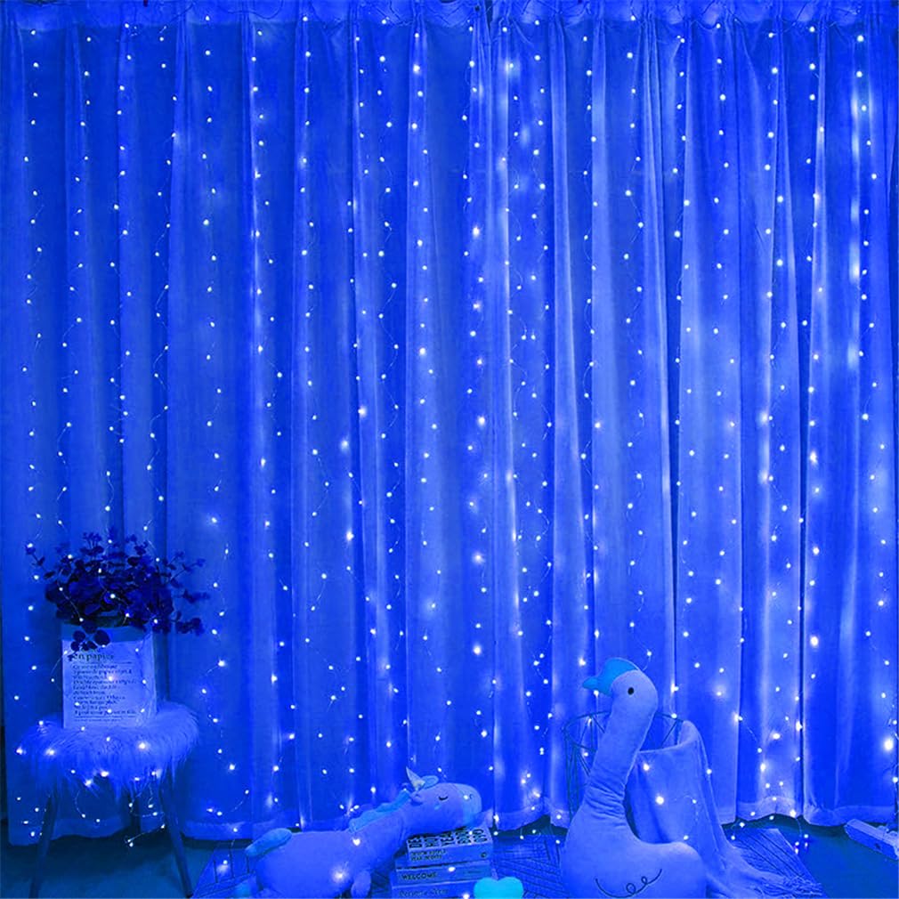 LED Light Curtain USB Curtain Fairy Lights Indoor/Outdoor, Backdrop Window Curtain Lights 8 Modes with Hooks, for Party Decoration Bedroom Wedding Birthday Garden Window (Blue,3 * 1M)