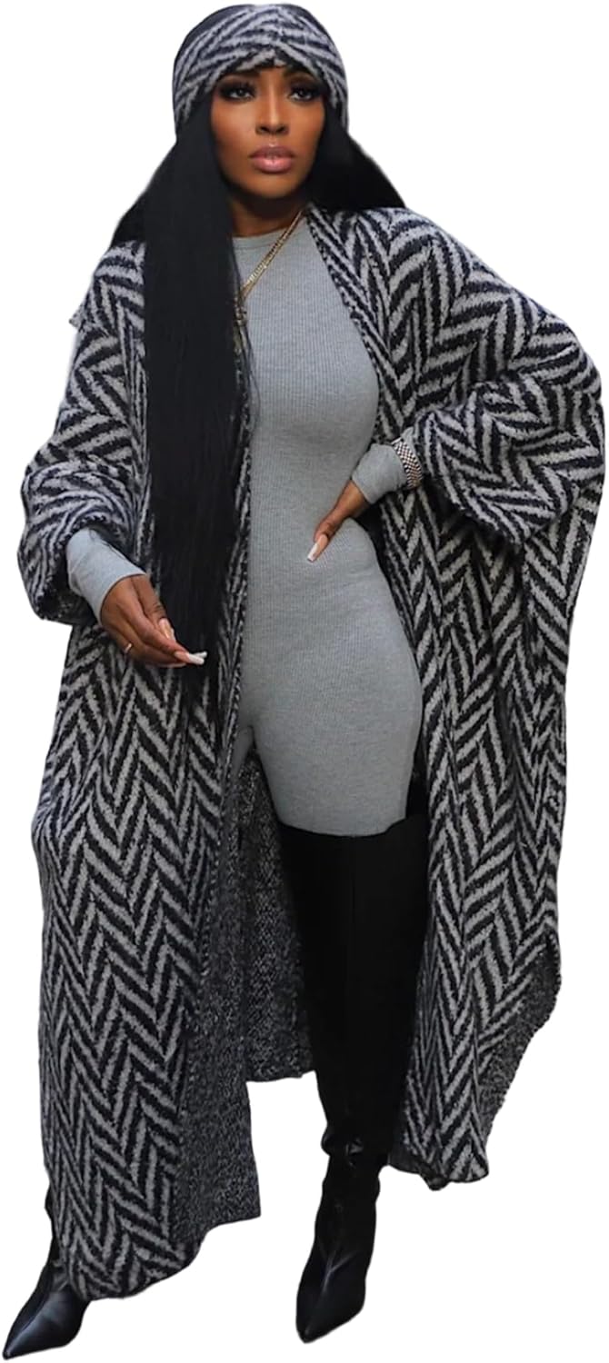 Famnbro Women Long Cardigan Sweaters Chunky Striped Open Front Batwing Sleeves Duster Knitted Outwear with Headbands