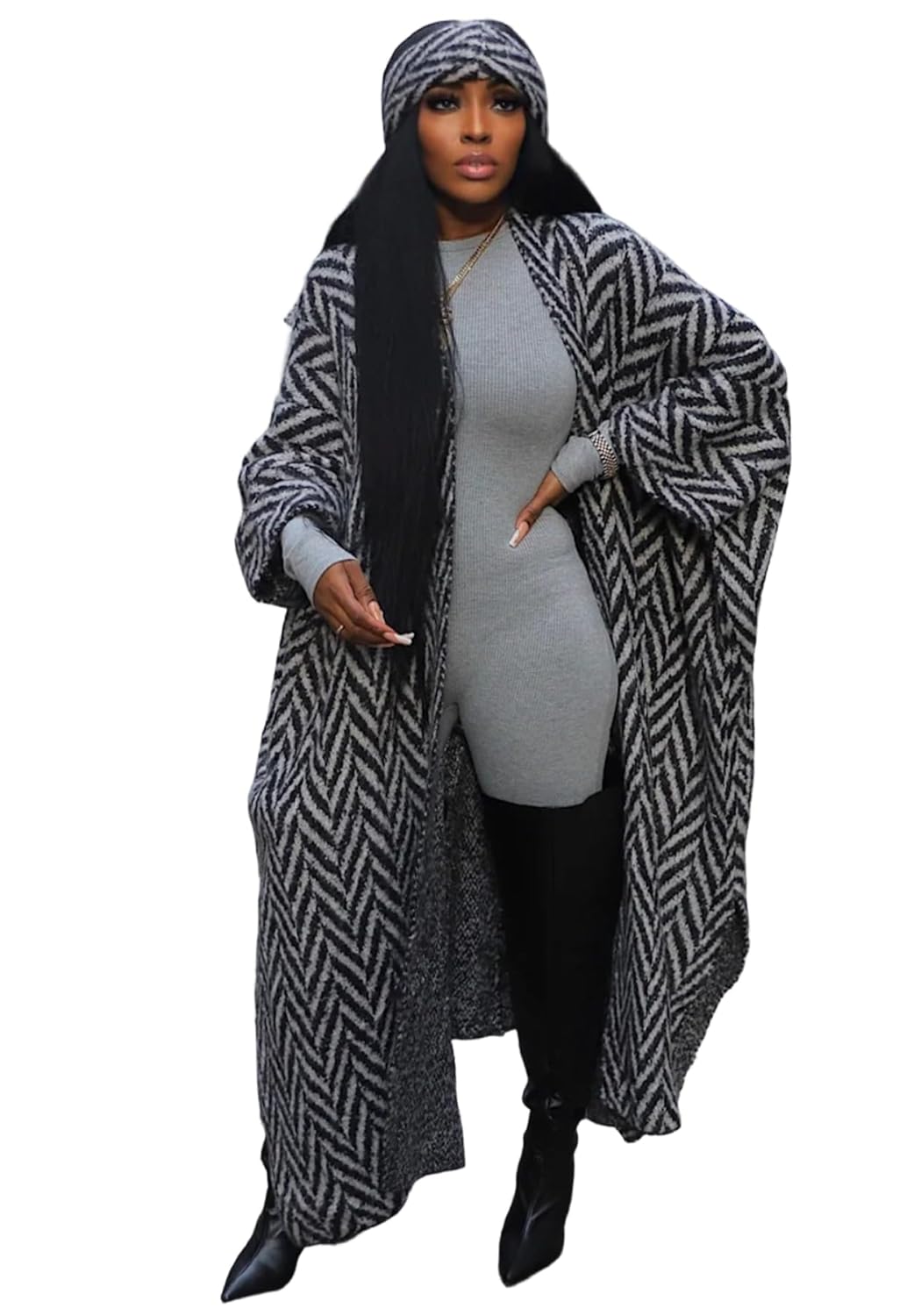 SHINFY Women Open Front Long Cardigans Batwing Sleeves Striped Knit Oversized Sweater Cardigan Outwear with Headbands