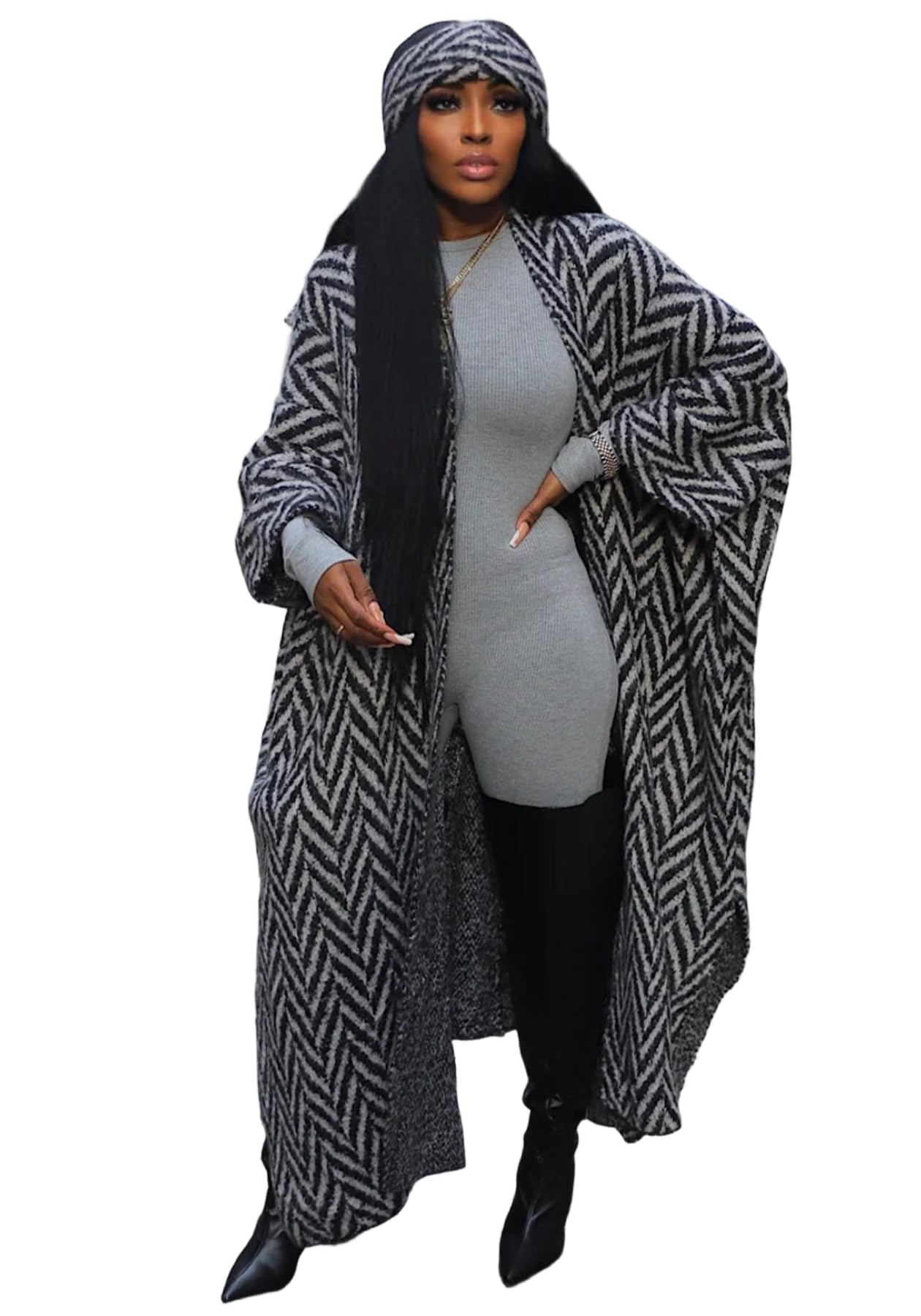SHINFY Women Open Front Long Cardigans Batwing Sleeves Striped Knit Oversized Sweater Cardigan Outwear with Headbands