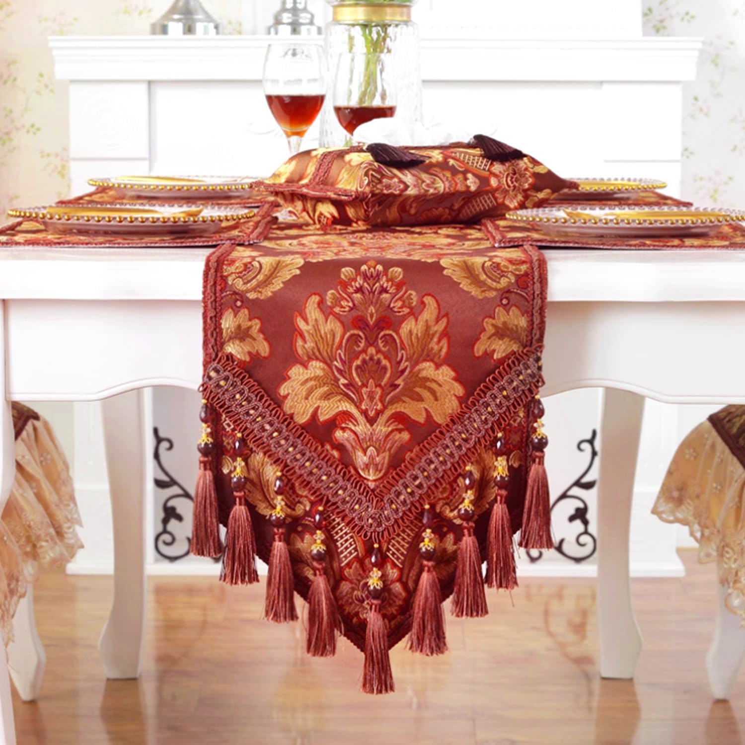 Elegant Vintage Table Runner Red Jacquard Pattern 200 x 33 cm