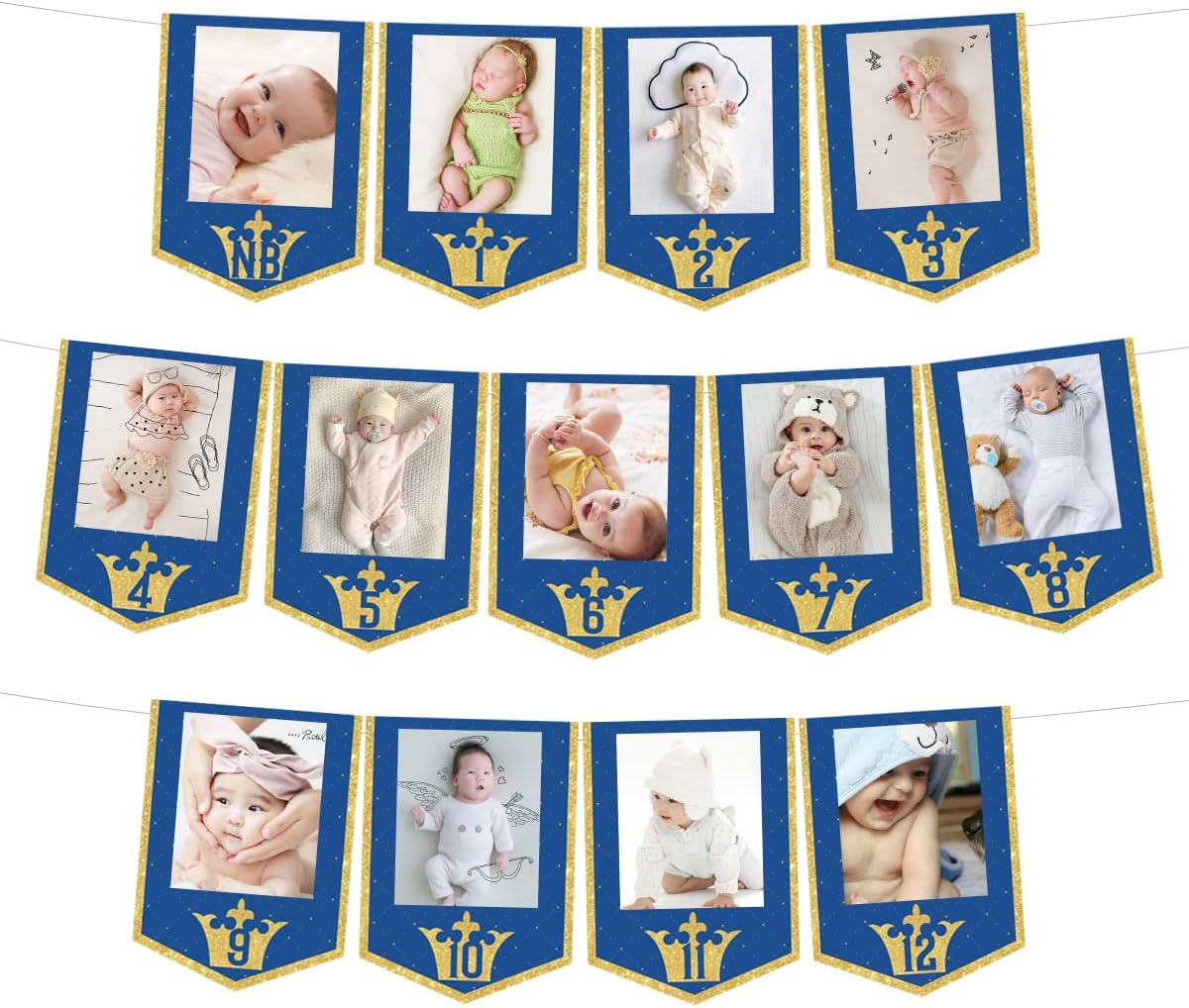 Royal Prince 1st Birthday Photo Banner, 1-12 Monthly Picture Display Bunting Garland Navy Blue Gold Glittery Baby Boy First Birthday Party Decorations