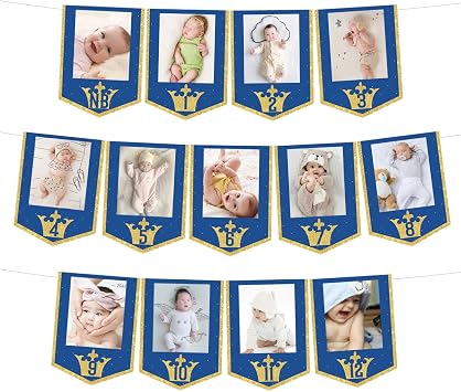 Royal Prince 1st Birthday Photo Banner, 1-12 Monthly Picture Display Bunting Garland Navy Blue Gold Glittery Baby Boy First Birthday Party Decorations