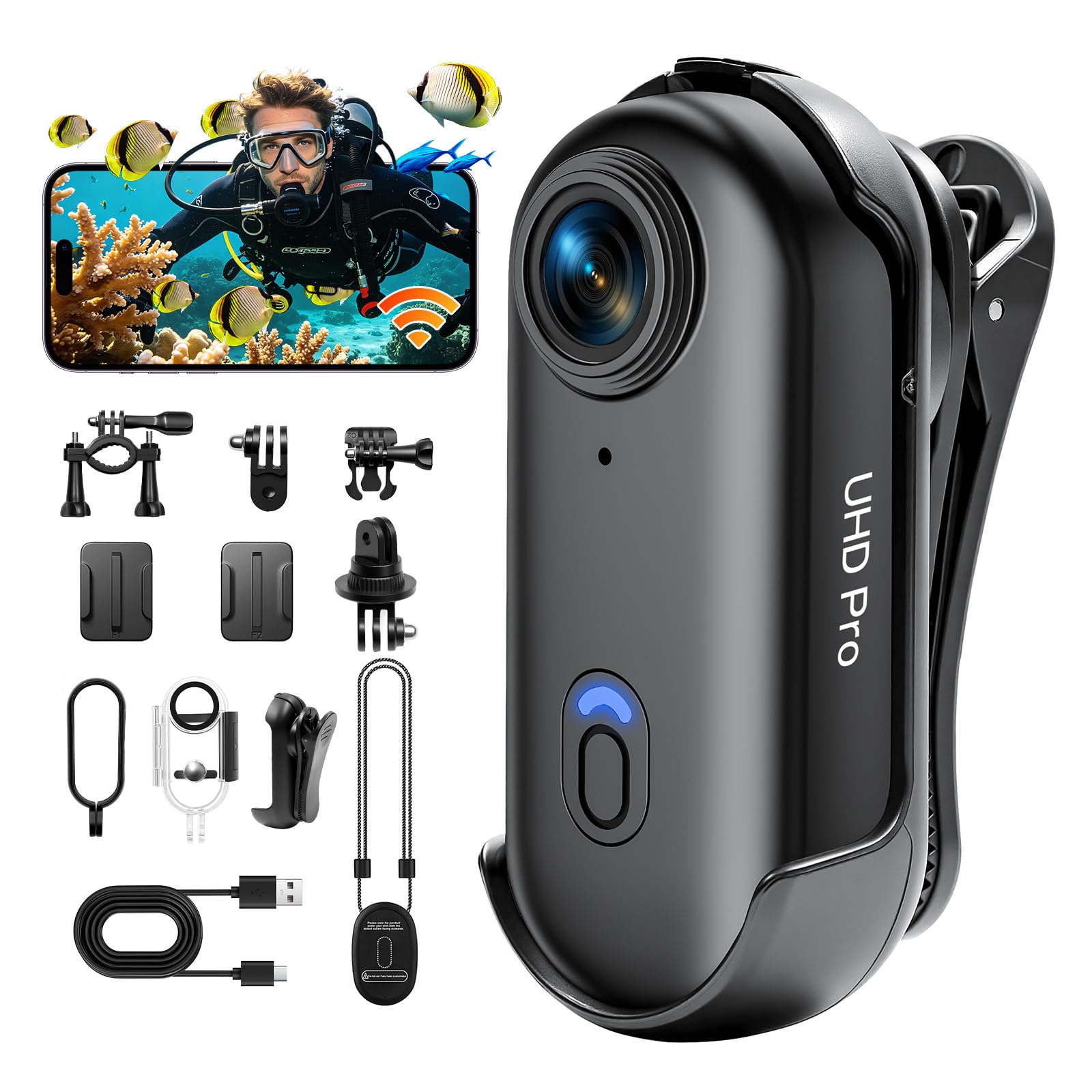 Camara 360 1080P WiFi 150° Impermeable 30m, Mini Bodycam | 2,5h Batería Autonomía, Compacto, Ligero, Soporte Magnético, App, MP4