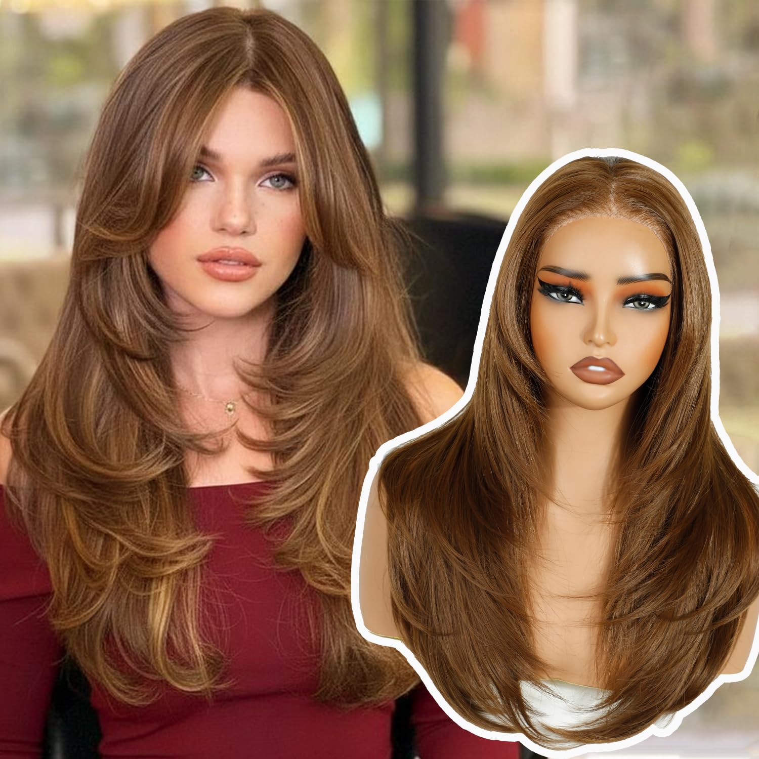 Joedir 13×3 HD-Lace Wear-and-Go-Kleberfreie Perücke, Vorgeschnittene Langschichtige Glatte Perücke, Kunsthaar Perückes mit Vorgepflücktem Lace-Frontal für Frauen