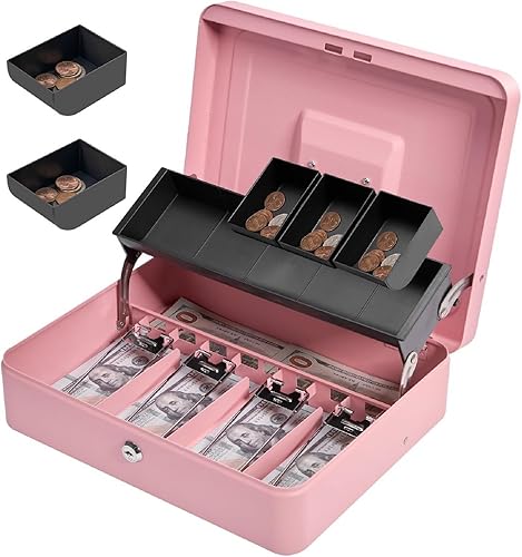 Caja de dinero de metal con bandeja y cerradura de llave, cajas de efectivo con bloqueo escalonado, caja de seguridad duradera con llave, 4 billetes