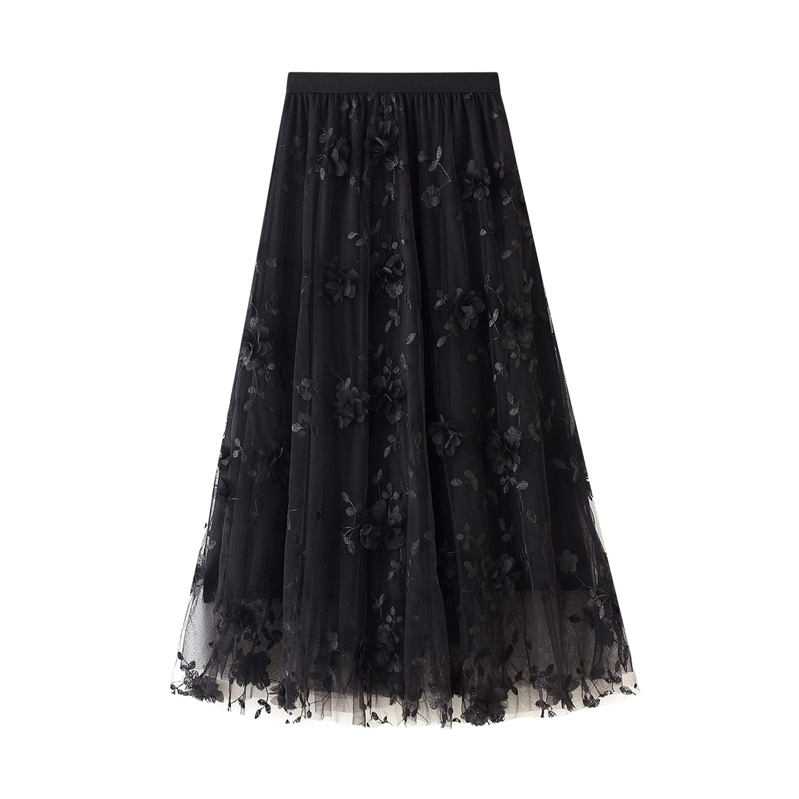 FeMereina Women's Midi Tulle Skirt Elastic High Waist Skirt Floral Embroidery Layered Print Mesh Midi Skirt (Black, One Size)