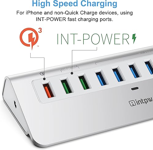 Miniatura 5 de Hub USB alimentado de 10 Gbps, concentrador USB 3.1 Gen 2 de 10 puertos con 7 puertos de datos USB 3.1, 3 puertos de carga rápida, adaptador de
