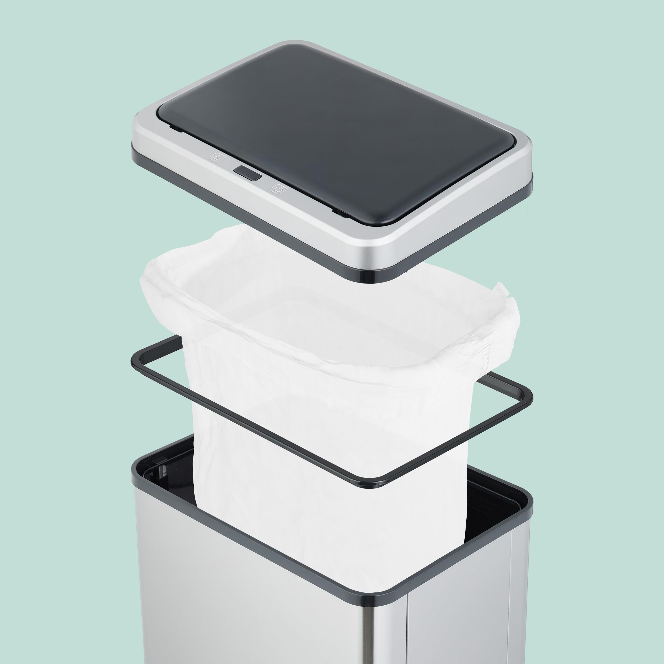 Relaxdays Cubo de Basura Cocina Sensor, 40L, Tapa Eléctrica, Soporte Bolsas, Papelera Automática Acero Inoxidable, Plata