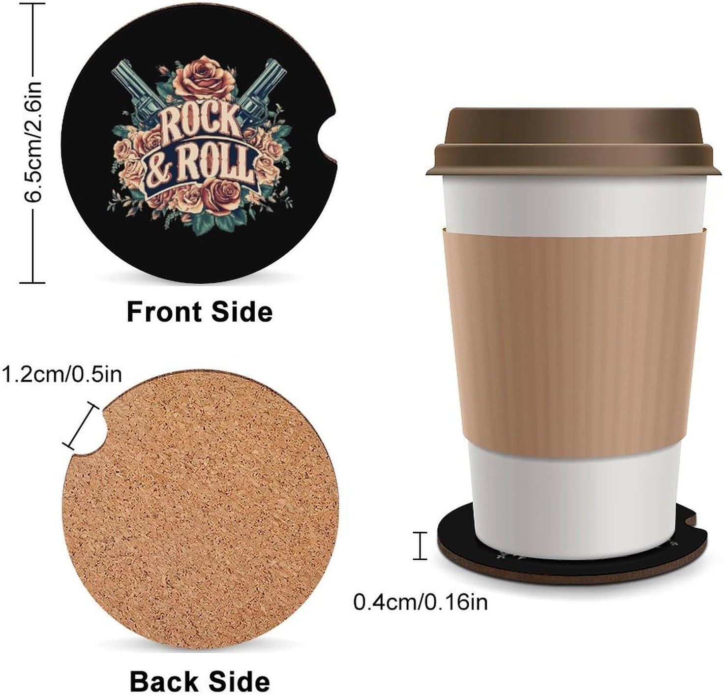 Rock Roll Music Rose Flowers Car Cup Holder Coaster with Cork Base 2.6 Inches Anti Slip