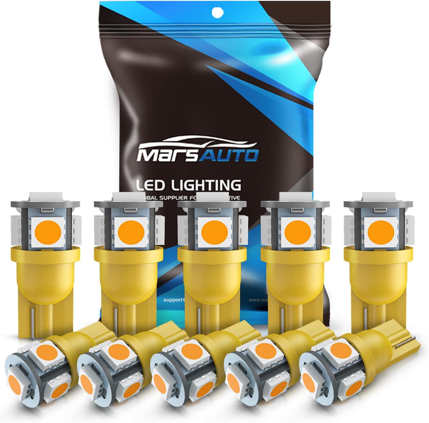 Marsauto 194 LED Bulb Amber Yellow 168 T10 2825 5SMD No Polarity Replacement Bulbs for Car Dome Map Door Courtesy License Plate Dashboard Lights (Pack of 10)