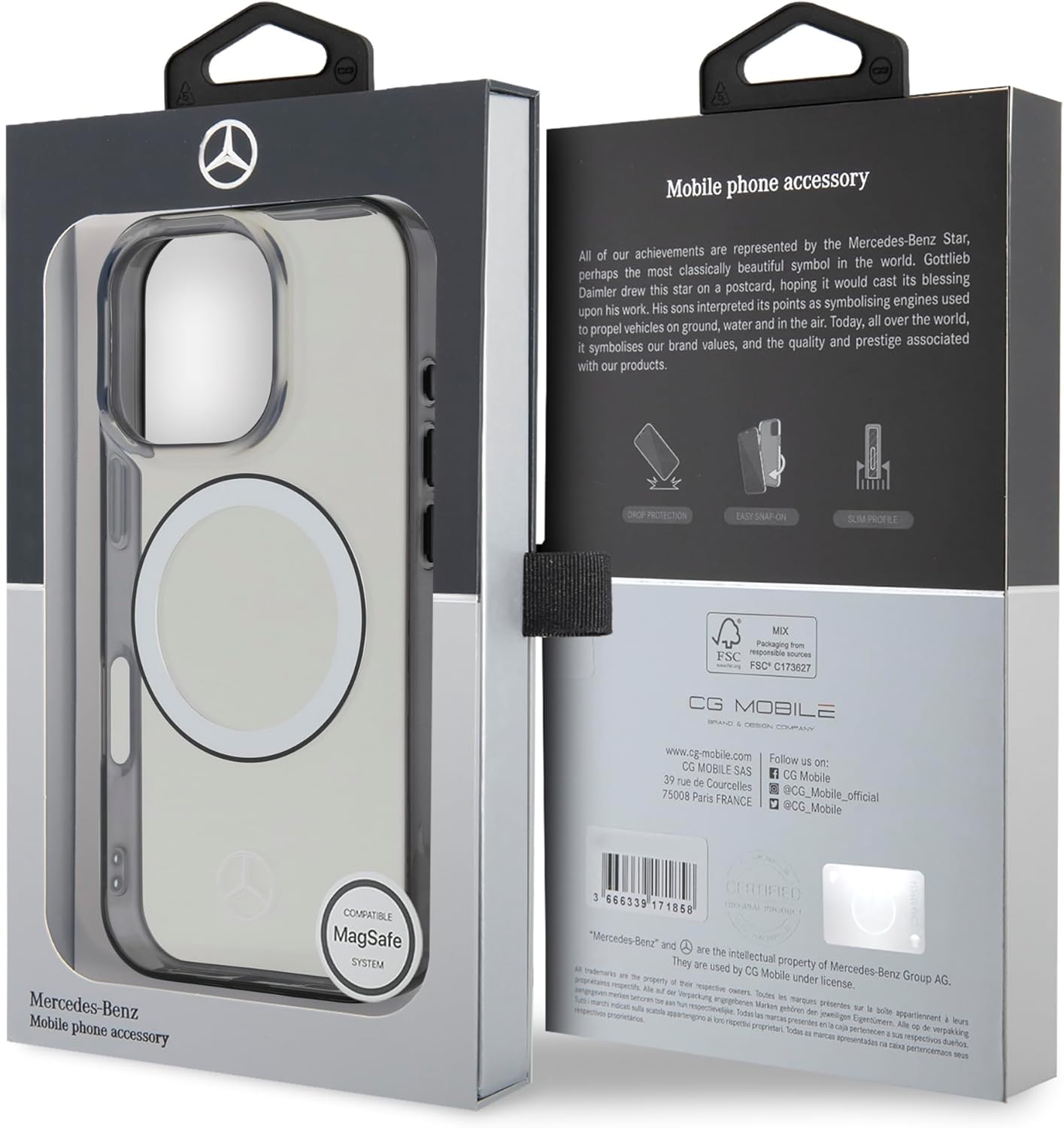 CG MOBILE Mercedes-Benz HC Phone Case Designed for iPhone 16 Pro Max, Durable, Shock Proof, Compatible with Magsafe, PC/TPU with Black Ring Transparent Case Clear