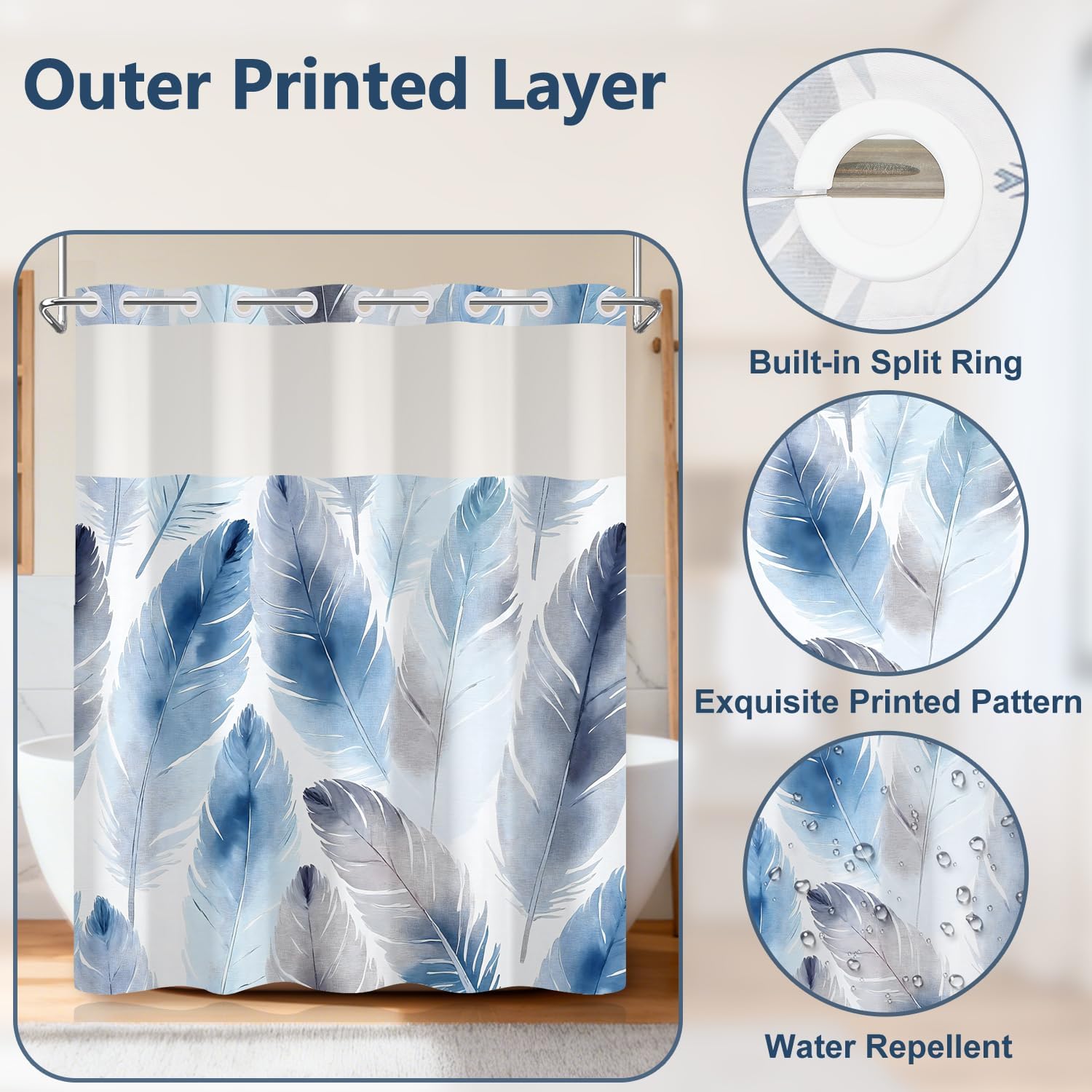 Watercolor Blue Feather Shower Curtain with Snap in Fabric Liner, Waterproof No Hook Shower Curtain with Mesh Top Window, Boho Modern Minimalist Abstract Aesthetic Bathroom Curtains, 71x74 Inch