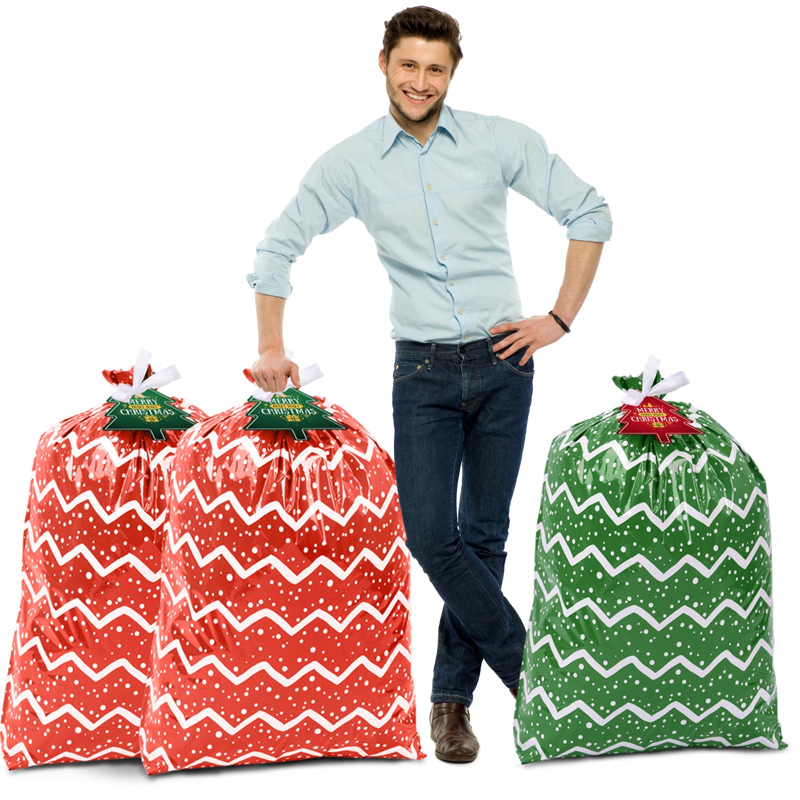 3Pcs Jumbo Christmas Sacks Extra Large Christmas Giant Gift Bags 36x56" Xmas Huge Wrapping Sacks Oversized Big Toy Bags Giant Gift Bag For Presents Xmas Sacks Large With Gift Tags & Tie