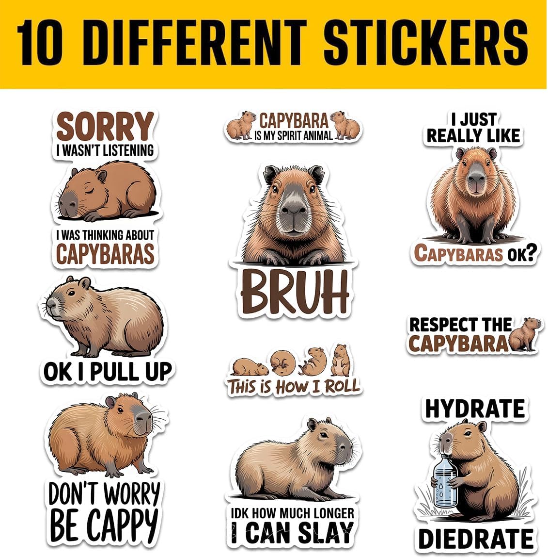 (10Pcs-3in) Capybara Stickers Pack – “Capybara is My Spirit Animal”, “Don’t Worry Be Cappy”, “I was Thinking About Capybaras” – Cute Waterproof Vinyl Decals for Laptop, Water Bottle, Notebook - Image 2