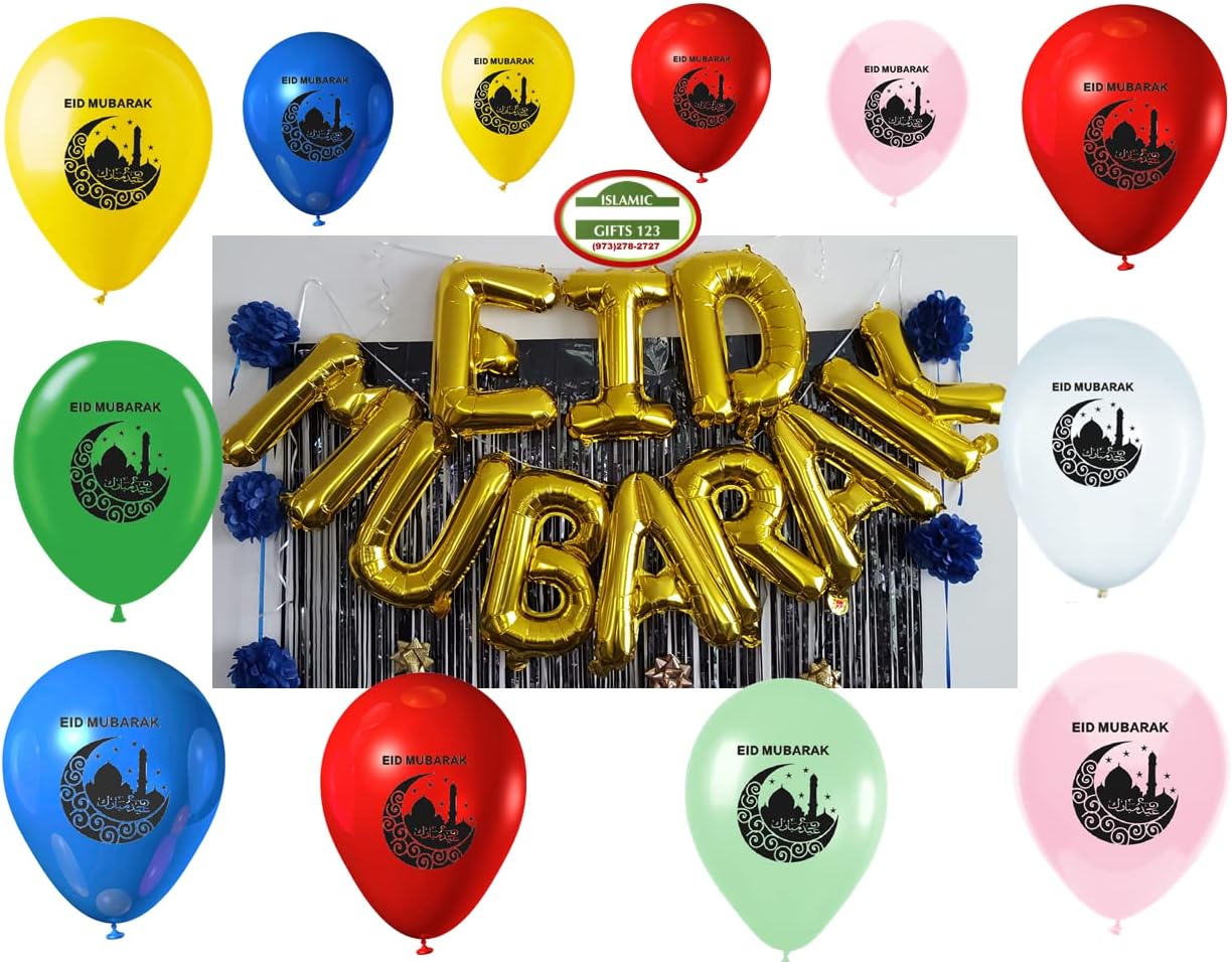 EID Balloon Party Decoration 16 Inch Gold Eid Mubarak banner Foil Balloons +10 Latex EID Wall Decor [ 11 PC Set ] Ramadan Decoration Islamic Wall Decor Islamic Gifts 123