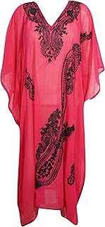 Mogul Interior Women Caftan Maxi Dress Pink Georgette Embellished Sheer Kaftans Dresses OneSize