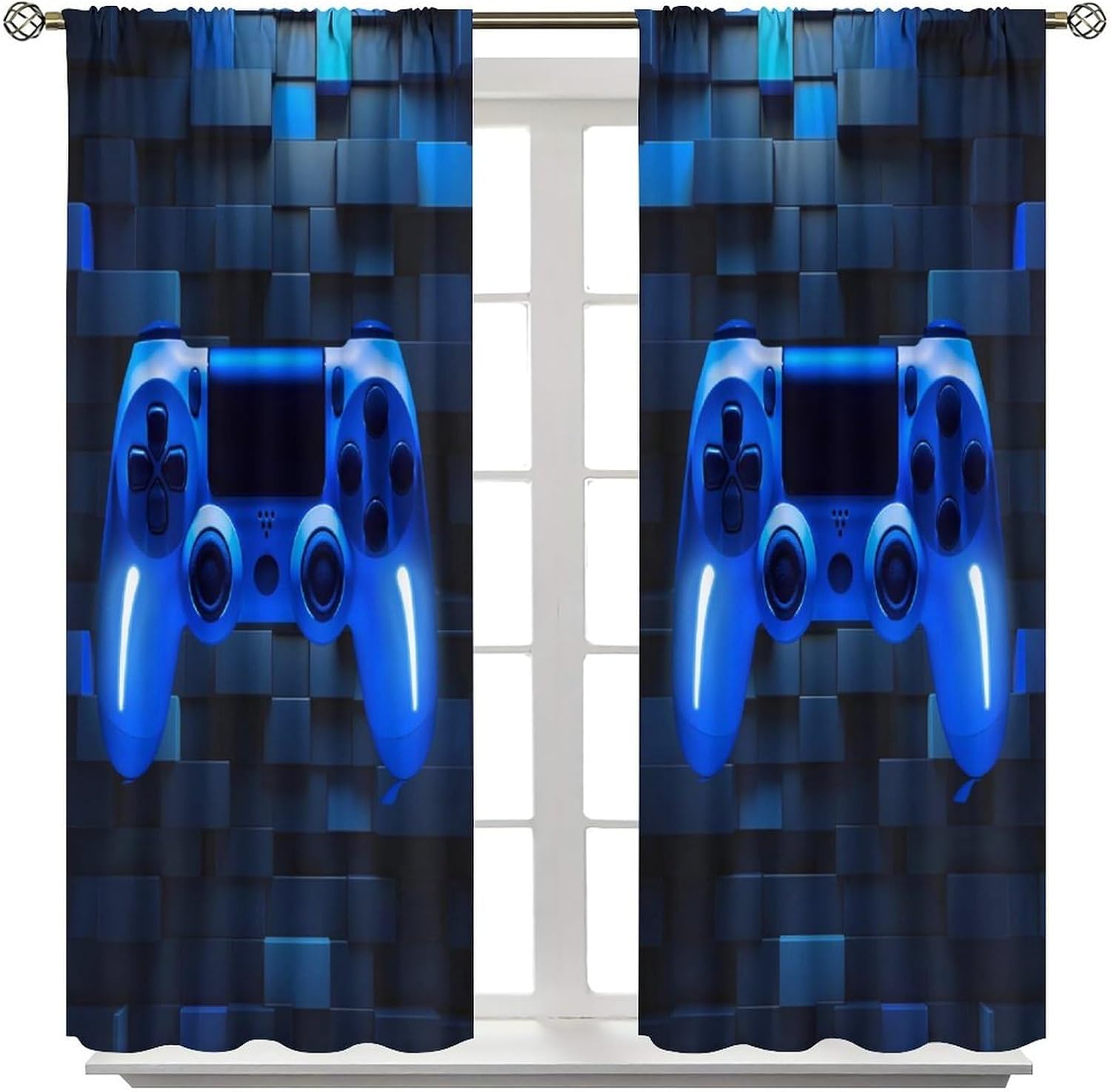 Gaming Boys Curtains, Video Game Kids Window Drapes Blue Game Controller Cool Window Treatment for Boys Bedroom Living Room Playroom Gamer Drapes 42x45 Inch, 2 Panel Set image 3