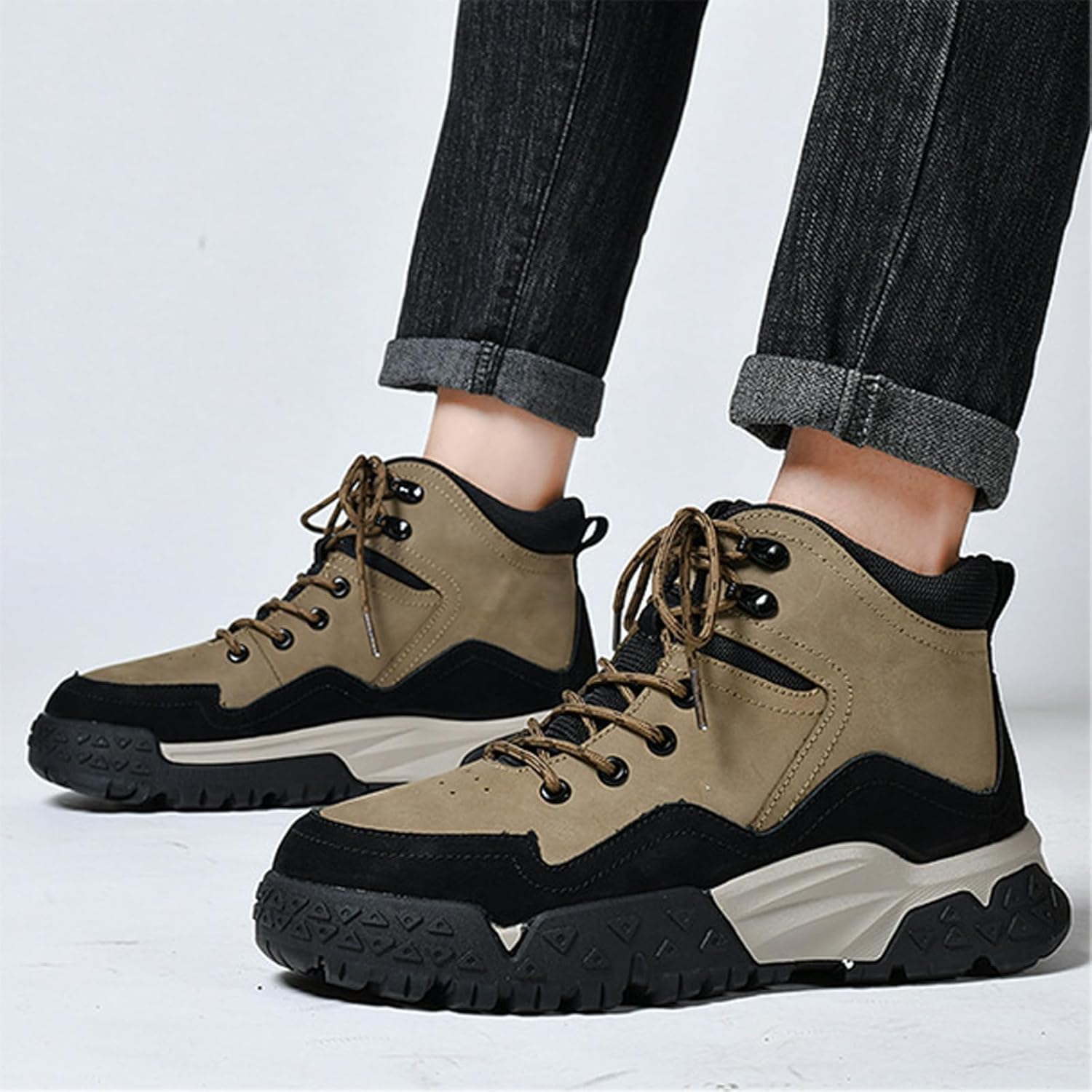 Men'S Leather Lace-Up Platform Hiking Boots Fashion Lightweight Breathable Round Toe Outdoor Trekking Ankle Boots For Backpacking Trekking