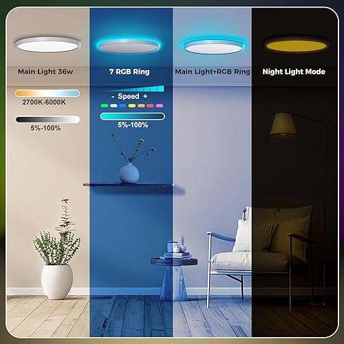 Miniatura 2 de Luces de techo LED RGB inteligentes con control remoto, 15.8 pulgadas, 36 W, 3600 lúmenes, luz de techo redonda empotrada para dormitorio y