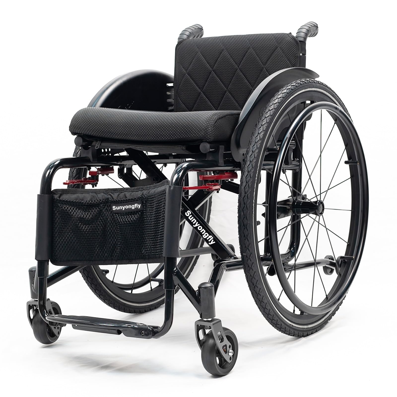Lekki składany sportowy wózek inwalidzki ze stopu aluminium z podnóżkiem i poduszką do siedzenia dla dorosłych (szerokość siedziska: 42 cm)