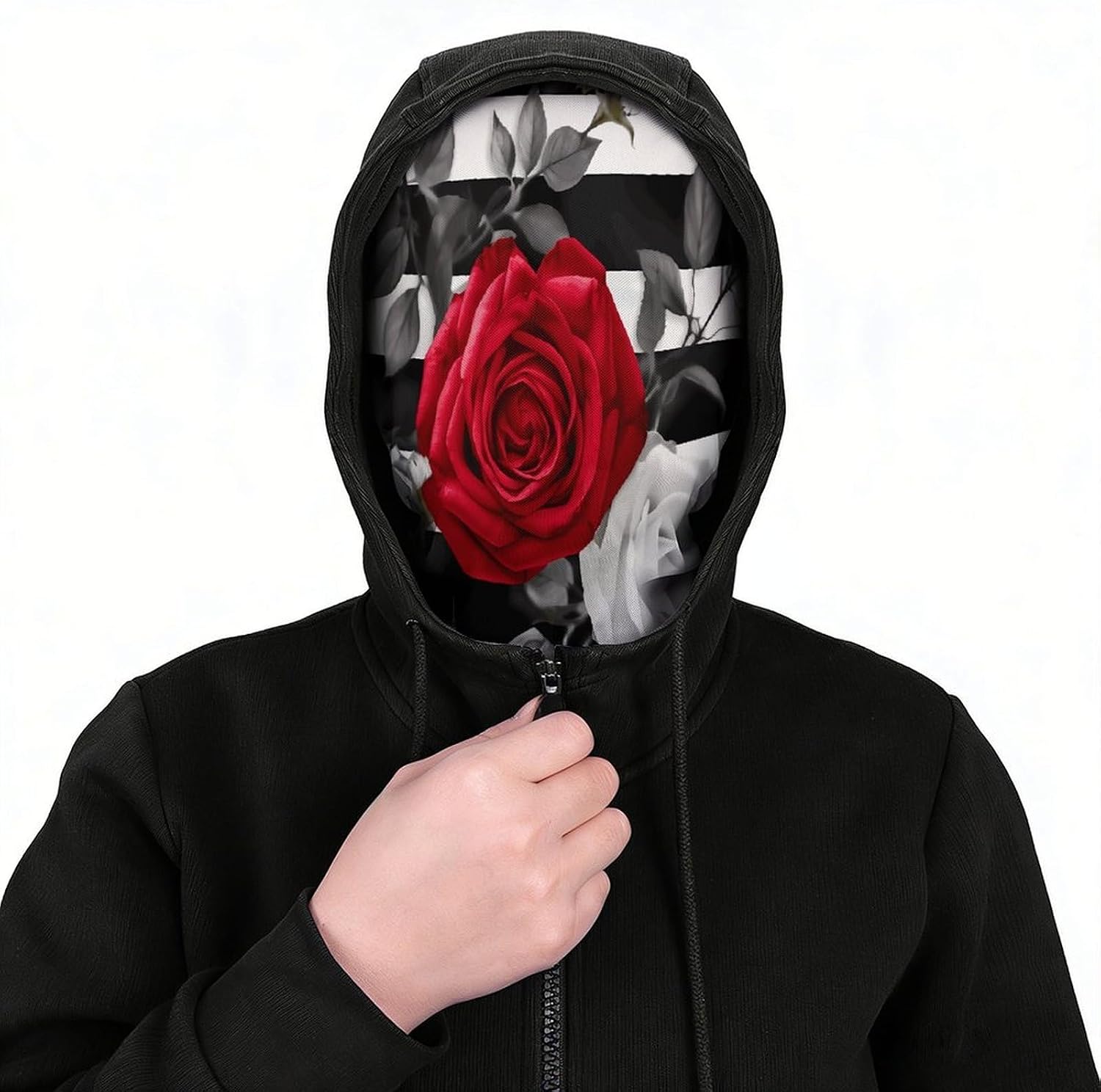 Black White Stripes Red Rose Flowers Balaclava Mesh Print Funny Face Mask Breathable Ski Masks Personalized Sun Protection Full Face Covers Neck Gaiter Windproof Head Masks for Pranks&Outdoor image 3